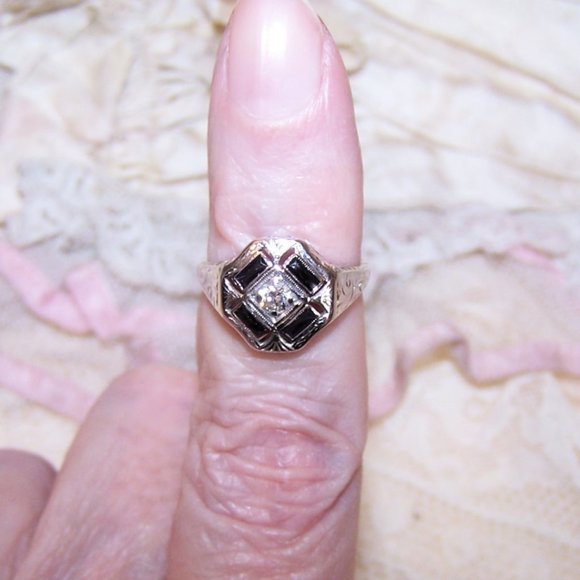 Art Deco 14K Gold Diamond Blue Sapphire Cocktail Ring - Size 4.25 - Picture 2 of 10